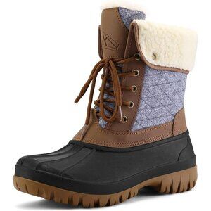 Women's brown Grey Waterproof Insulated Snow Boots Lace-Up Mid Calf Duck Boots